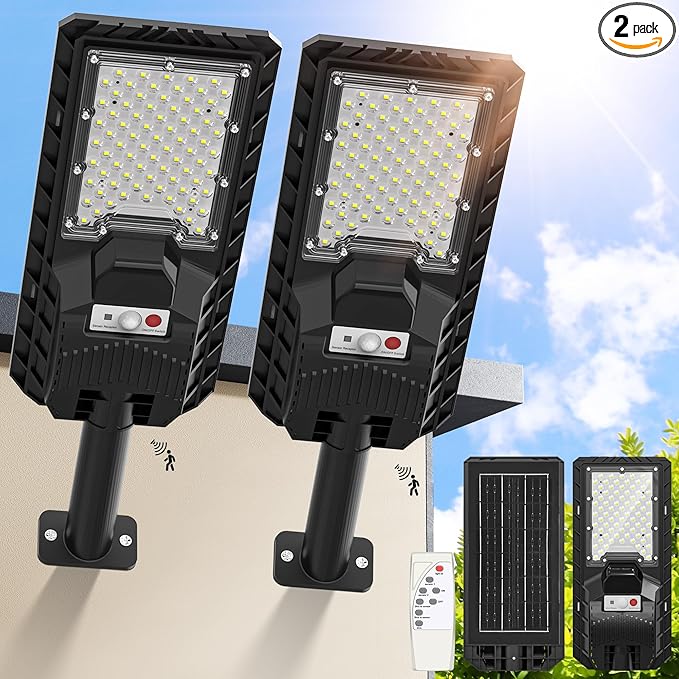 Solar Lights Outdoor Waterproof - 6500K Solar Street Lights Outdoor IP66 Waterproof LED Flood Light with Motion Sensor and Remote Parking Lot Lights Dusk to Dawn for Backyard/Outside/Garage 2Packs