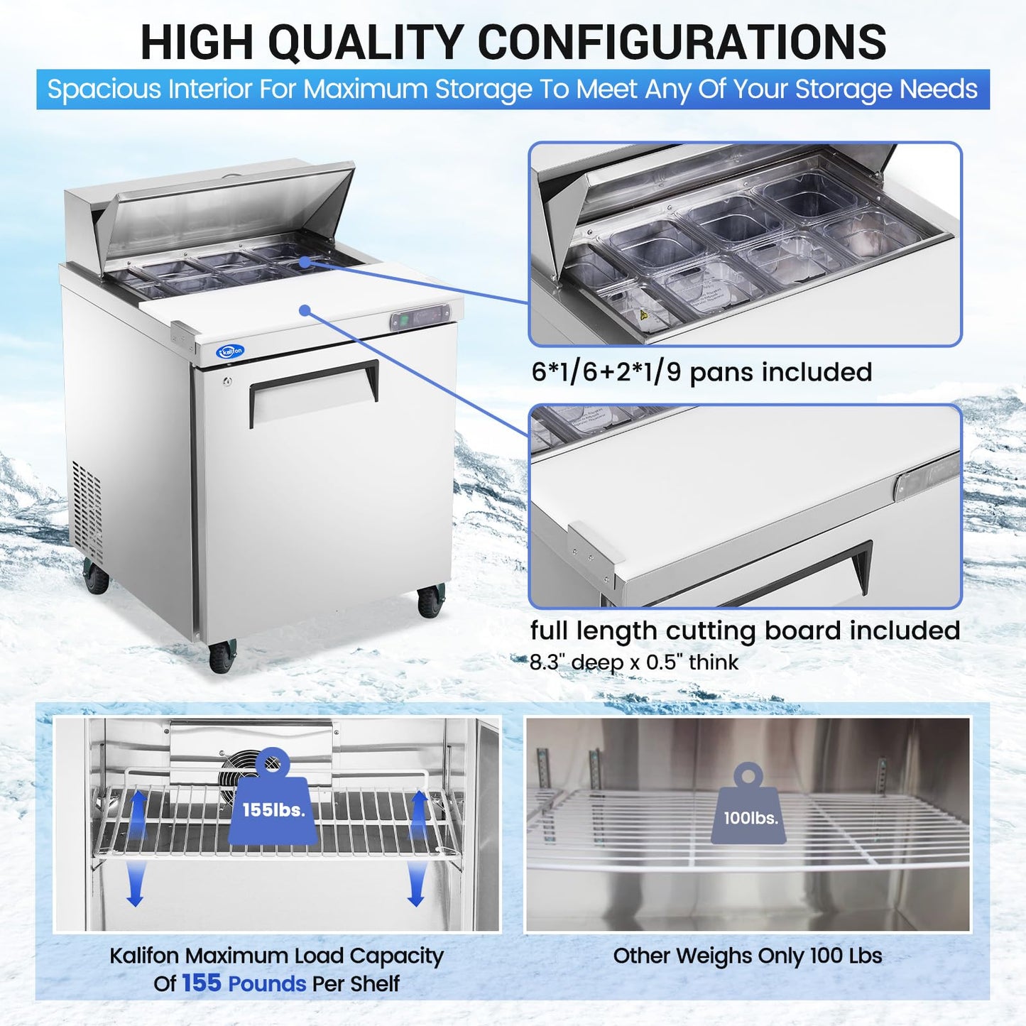 kalifon 27" W 1 Door Refrigerator Sandwich Salad Prep Table Commercial Stainless Steel Fan Cooling Refrigerator with Cutting Board, 1 Shelves & 8 Pans for Restaurant, Bar, Shop-7.4 Cu.ft