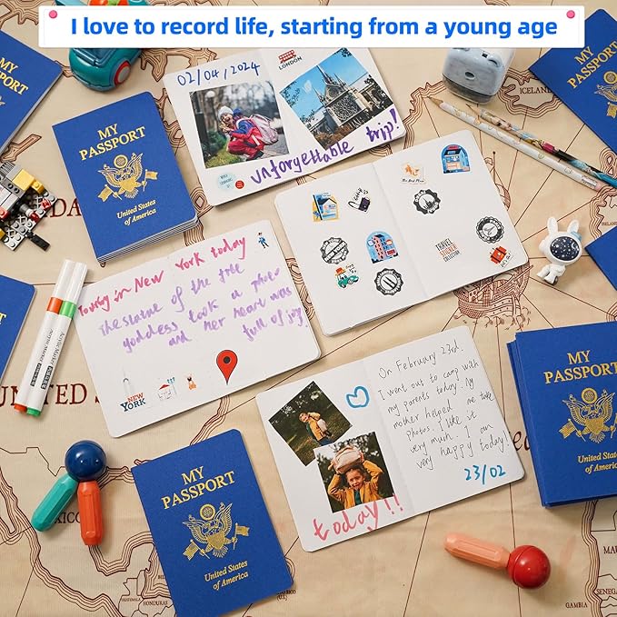 30 Pcs Blank Passport Notebook Blue Passport Book Fake Passport Travel Journal Sticker Collection Book for Kids School Projects World Travel Pretend Activity Party Favors, 5.51x3.9 Inch