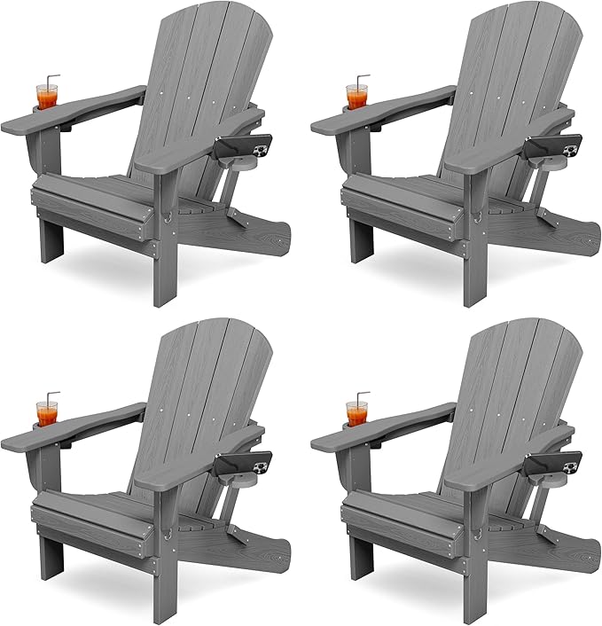 KINGYES Folding Adirondack Chair Set of 4, Dual Cup Holders & All-Weather HDPE, Wood-Like Patio Chair for Backyard, Camping, Pool & Fire Pit, Grey