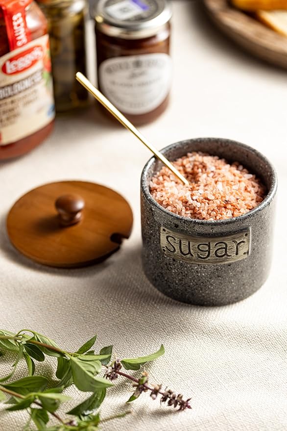 LYEOBOH Sugar Bowl with Lid and Spoon, Sugar Jar Porcelain Salt Bowl with Wood Lid and Stainless Steel Spoon,Ceramic Sugar Bowl 15oz Coffee Canister Kitchen Decor, Grey