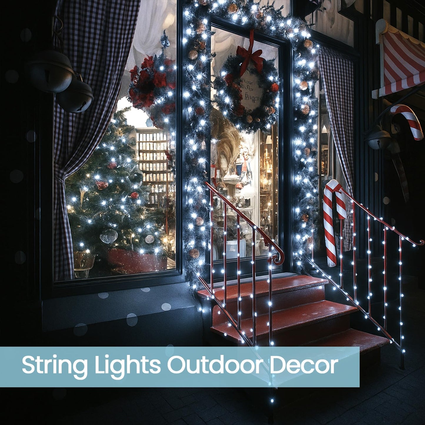 SANJICHA 180FT Solar Christmas Lights, 320 LED, 4 Pack, Waterproof, Green Wire, 8 Lighting Modes, Cool White