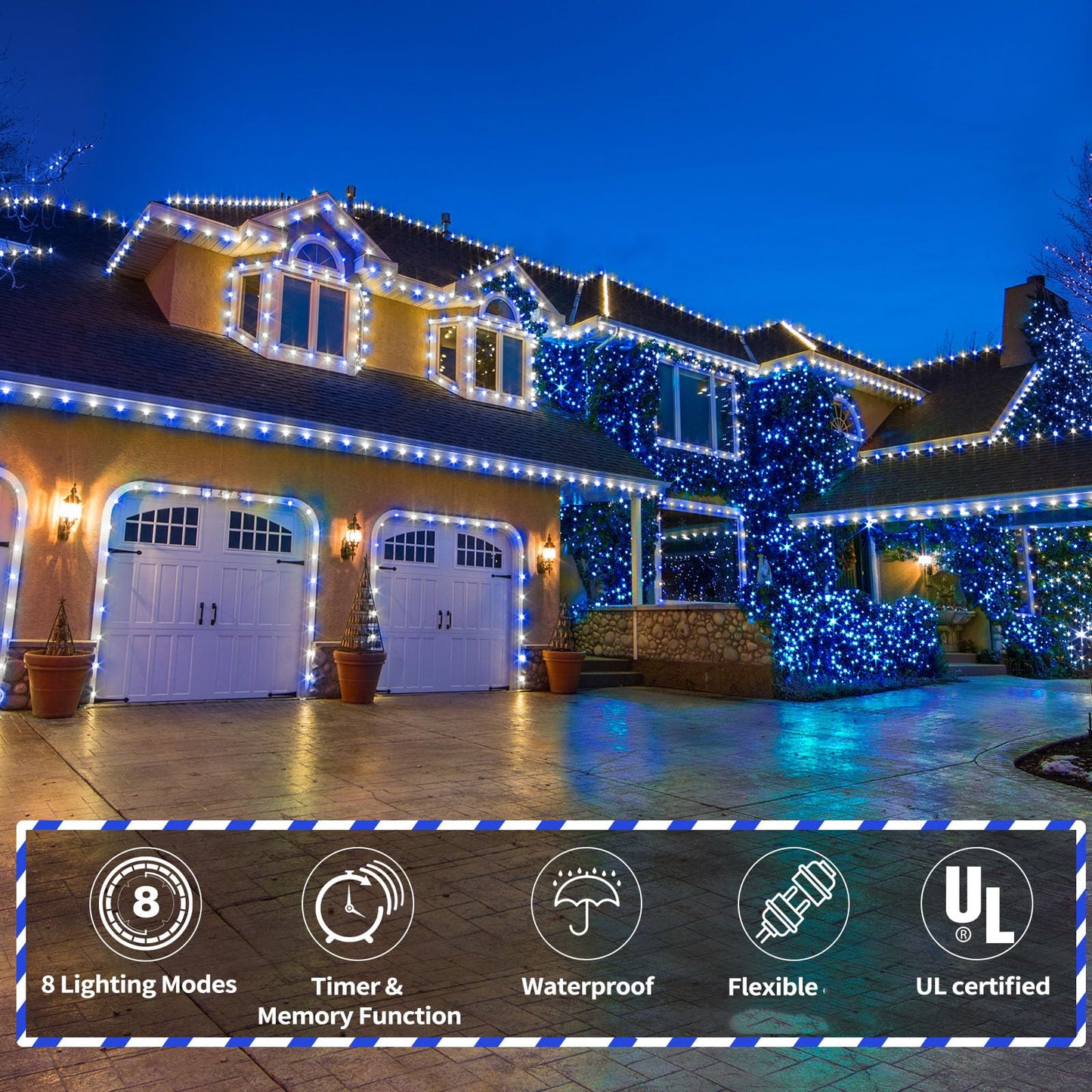 200Ft Led Rope Lights Outdoor  1440 Led Flexible Tube Lights With 8 Modes  Waterproof Led Rope Lighting For Outside Garden Patio Bedroom Party Pool Fences Indoor Outdoor Christmas Decor (White & Blue)