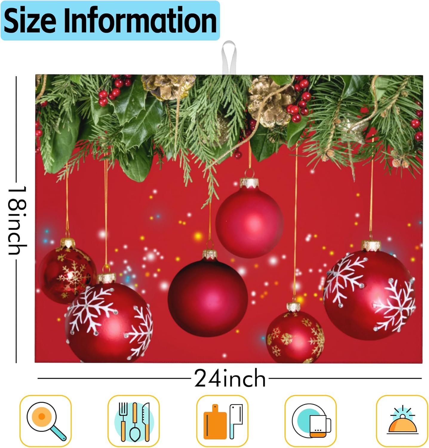 Large Dish Drying Mat for Kitchen Counter,Christmas Tree and Red Balls Dish Drying Mat,Merry Christmas Dish Drainer Mat Drying Pad Super Absorbent Reversible Microfiber for Kitchen Coffee Bar 18"X24"