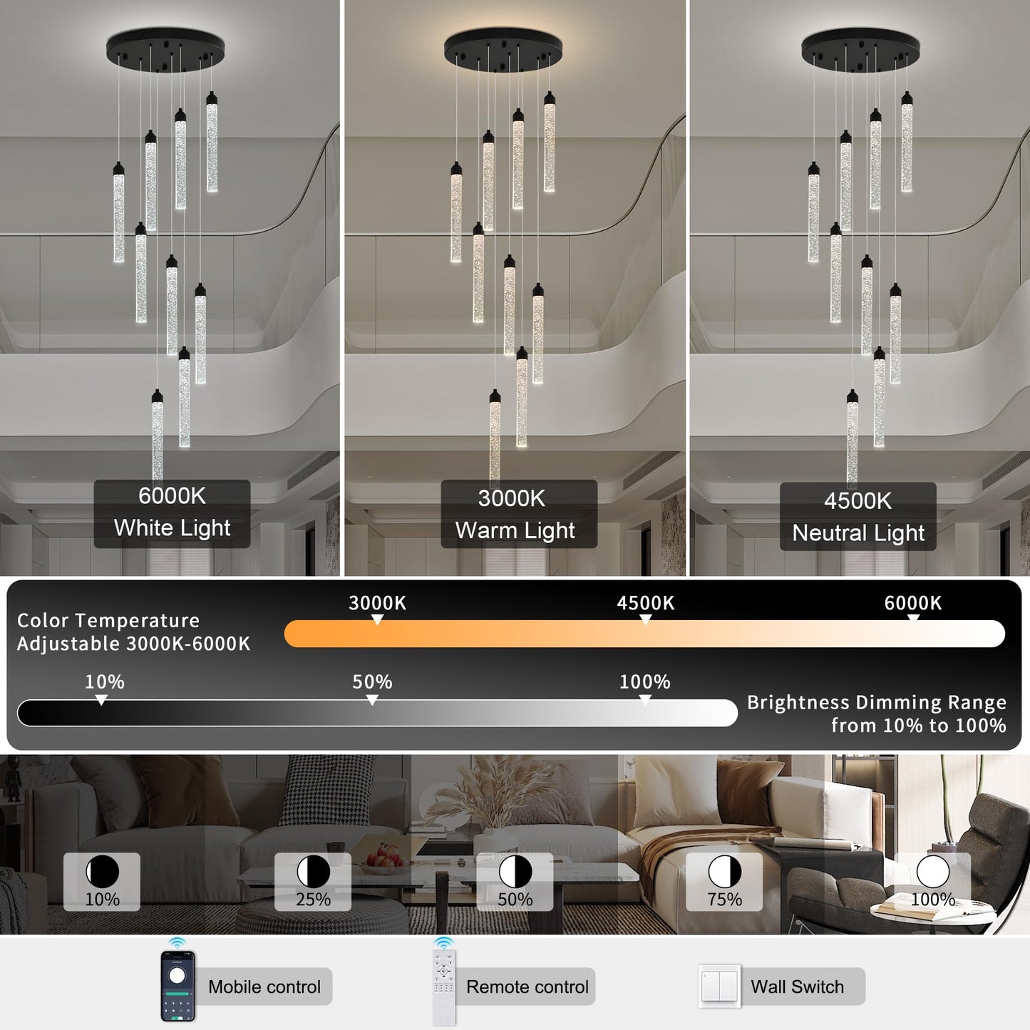 YwueChwu 9-Lights Chandelier Black LED Pendant Lighting Fixture Spiral Raindrop Model YWSC-B09-0116