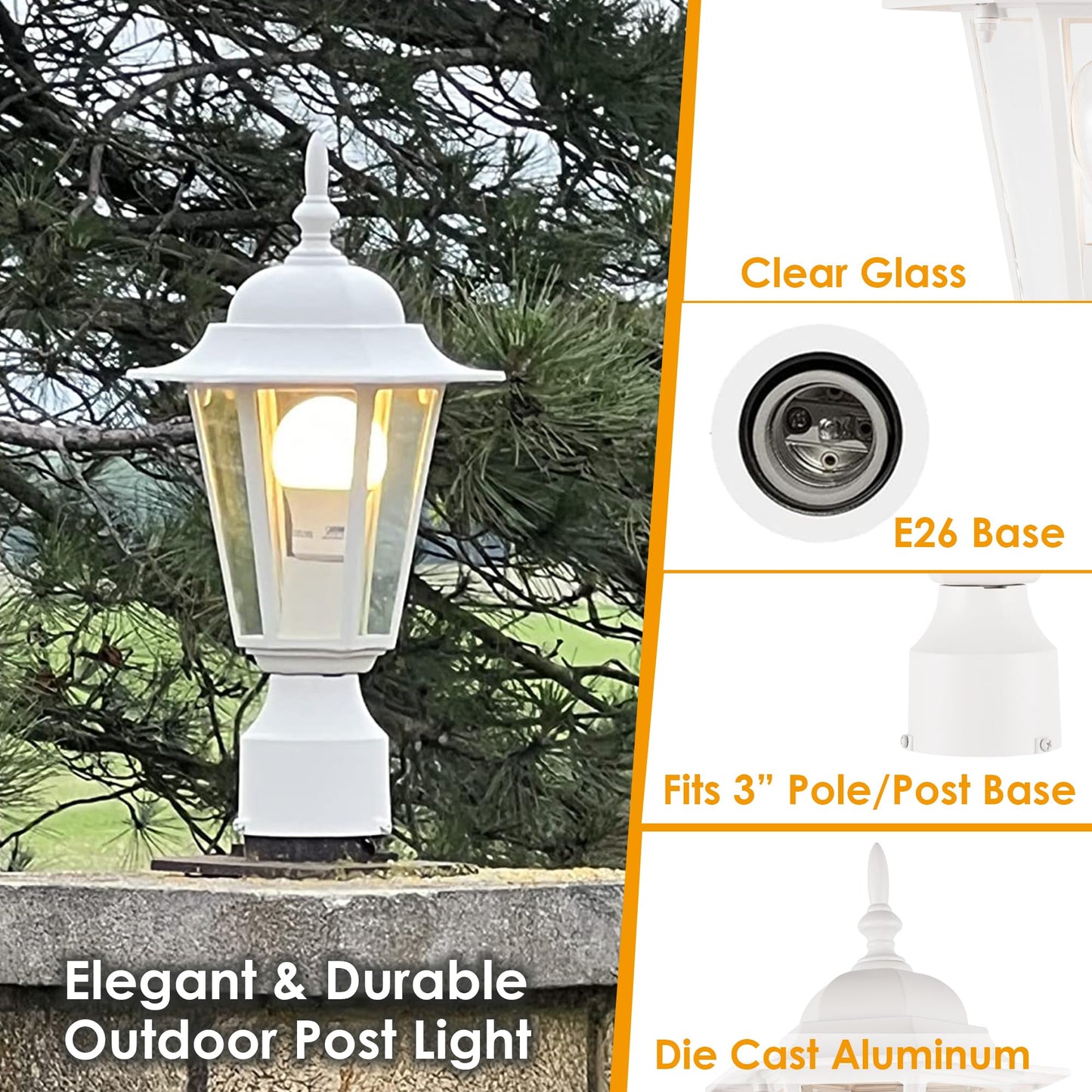 GRUENLICH Outdoor Post Lighting Fixture, Aluminum, 15in Height, White Finish, E26 Medium Base, 2 Pack, Model GR-PL001-WT-2PK