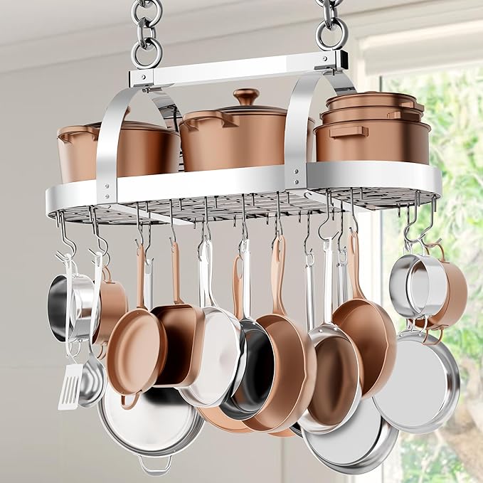 KES 34 Inch Heavy Duty Chrome Hanging Pot Rack Ceiling Mount, Oval Pot and Pan Hanging Rack, Pan Hanger for Kitchen Storage Organizer with 20 S Hooks (For 16" and 24" Ceiling Joist), KUR221S85-CH