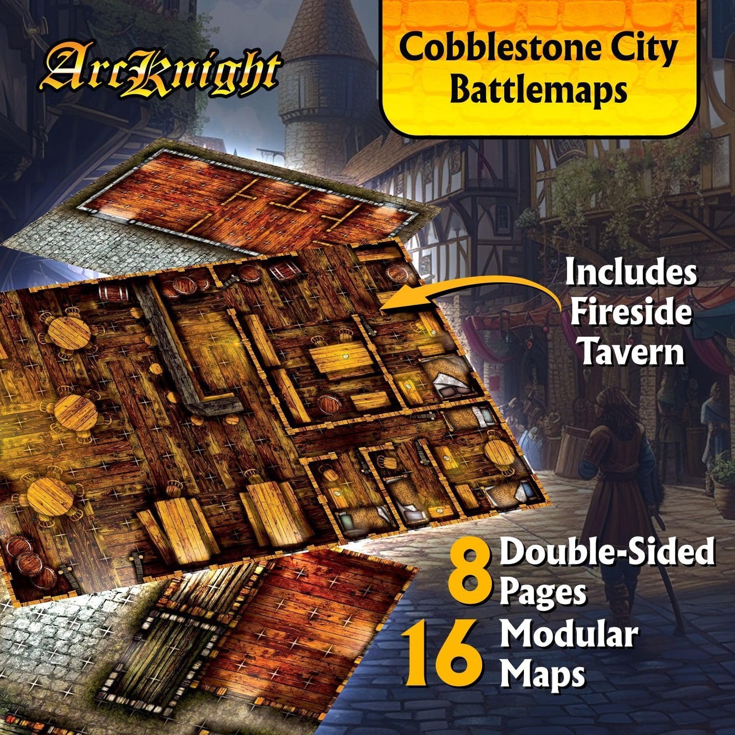 Arcknight The Cobblestone City Roleplaying Battlemaps; 16 Modular RPG Maps in 8 Double-Sided Pages, 1" Square Grid, Modular & Versatile Design for Tabletop Gaming - for Dungeons & Dragons, Pathfinder