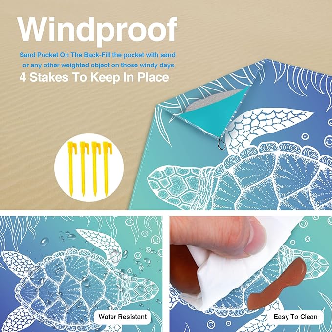 Beach Blanket, Waterproof Sandproof Beach Mat Oversized 79 X 83 Inch for 4-6 Adults, Lightweight Picnic Blanket, Portable Picnic Mat for Outdoor Travel Camping Hiking with 4 Stakes & 4 Corner Pocket