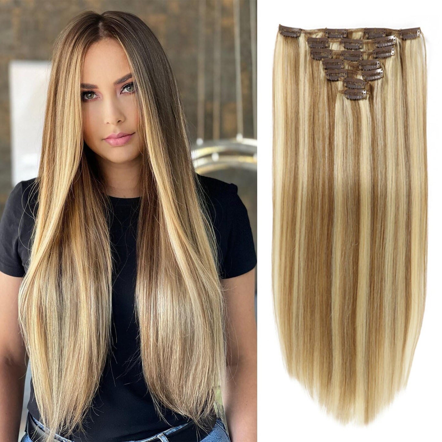 Clip in Hair Extensions Highlight Real Human Hair Straight 16 Inch Medium Brown Blonde 7pcs 120g Clip ins Hair Extensions Brazil