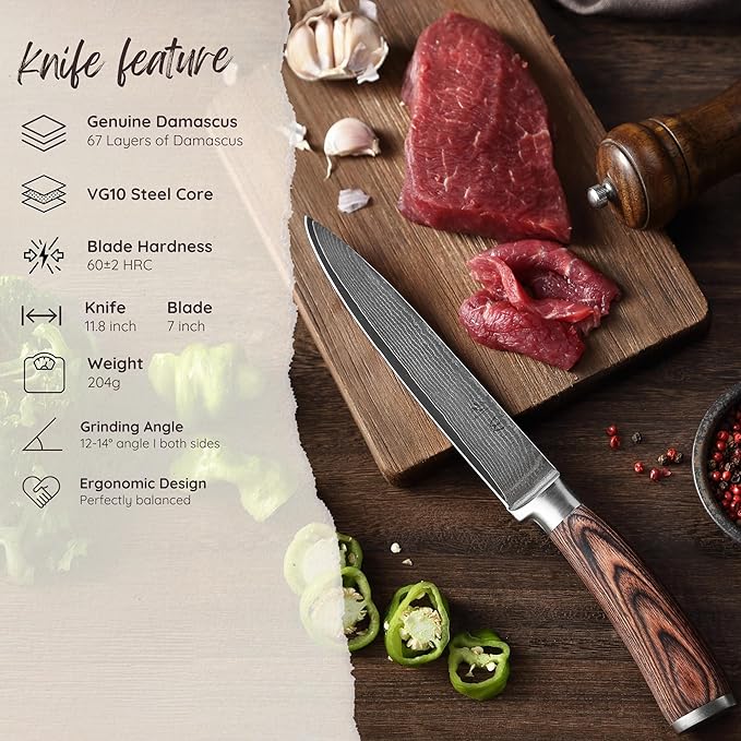 Wakoli EDIB Damascus Meat Knife – 7-Inch Japanese Style Kitchen Knife for Meat, BBQ & Roasts | Genuine 67-Layer Damascus Steel Blade with VG10 Core | Ergonomic Pakkawood Handle | Premium Knife