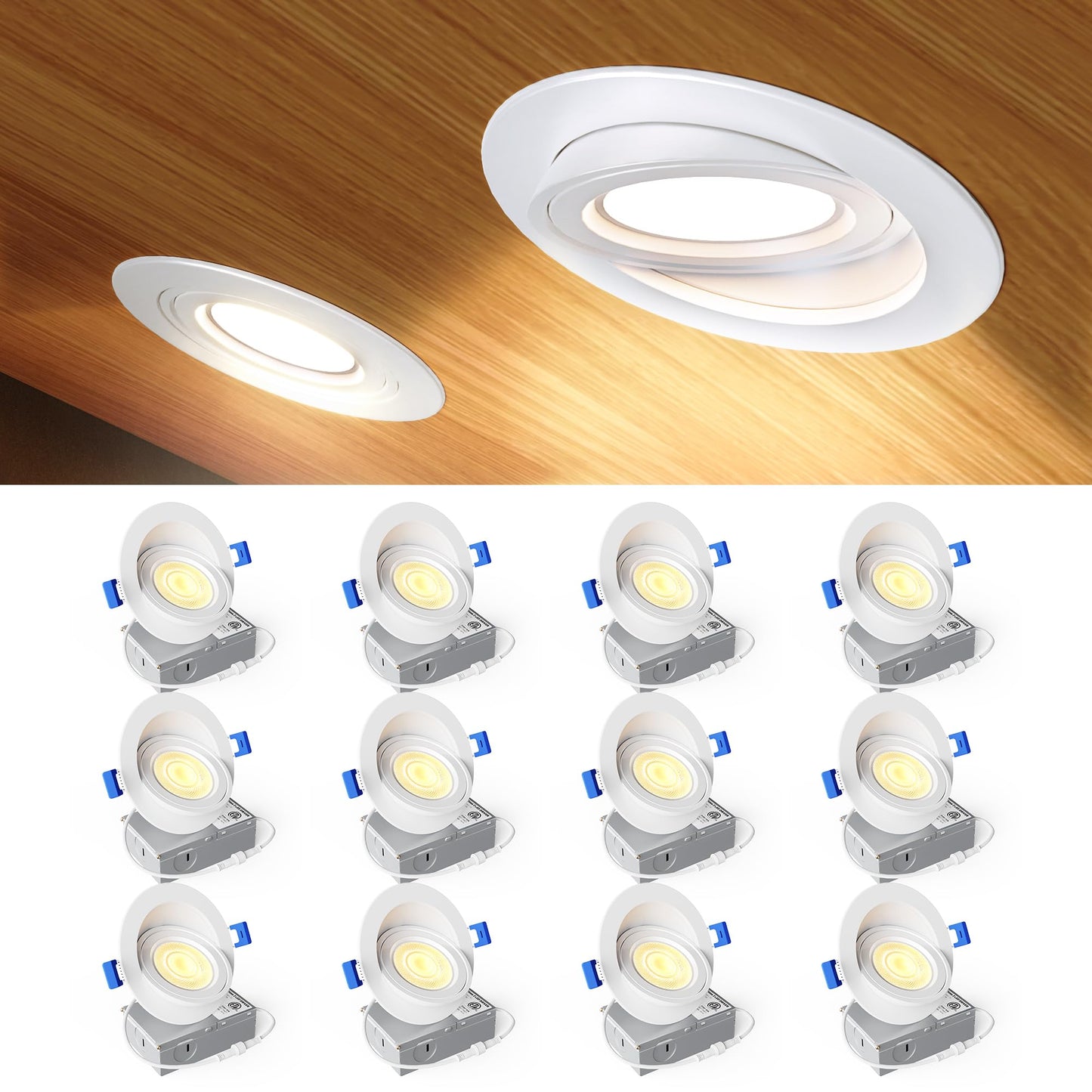 Ensenior 12 Pack 4 inch 5CCT LED Gimbal Led Recessed Light with Junction Box, 360°+90° Adjustable Directional Eyeball Lighting, Dimmable, 2700K/3000K/3500K/4000K/5000K, 900LM, 9W=85W, 120V-ETL&FCC