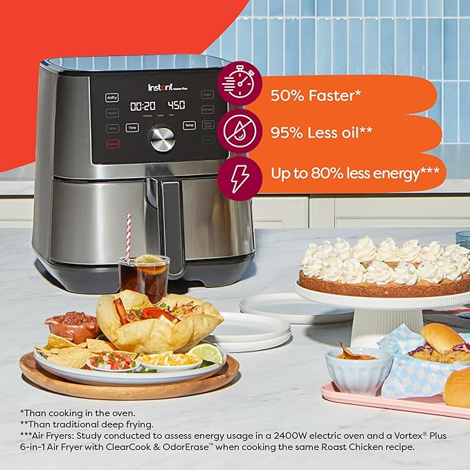 Instant Pot Vortex Plus 6QT XL Air Fryer, 6-in-1, Broils, Dehydrates, Crisps, Roasts, Reheats, Bakes for Quick Easy Meals, 100+ In-App Recipes, Dishwasher-Safe, from the Makers of Instant Pot, Black