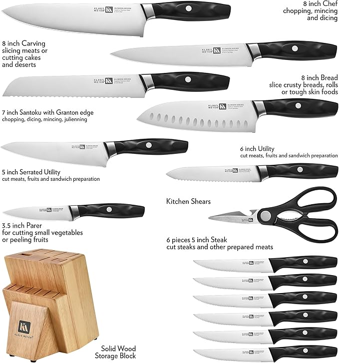 Klaus Meyer 15 Pieces Knife Block Set, High Carbon German Stainless Steel Forged Sharp Blade Knife Set With Block, Dishwasher Safe Cutlery