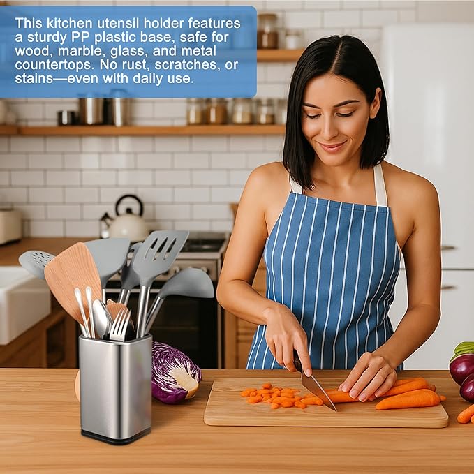 Large Square Stainless Steel Kitchen Utensil Crock, Countertop Holder for Spatulas, Spoons, Tongs & Whisks, Removable Base Organizer, Kitchen Tool Organizer & Cooking Utensil Holder