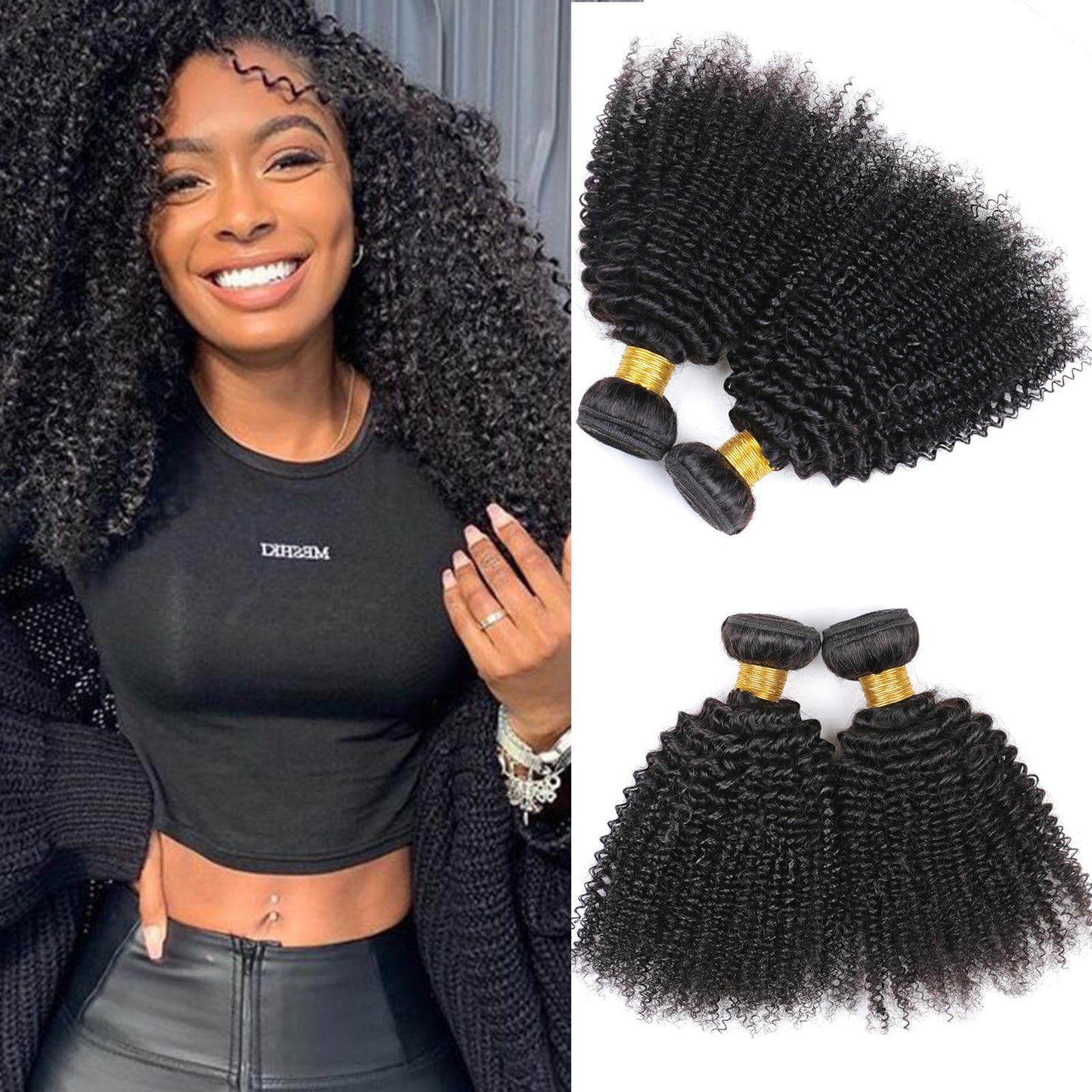 100% Unprocessed Afro Curly Human Hair Bundles 10A Brazilian Virgin Human Hair 2 Bundles 18 20 Inch Curly Weave Hair Extensions
