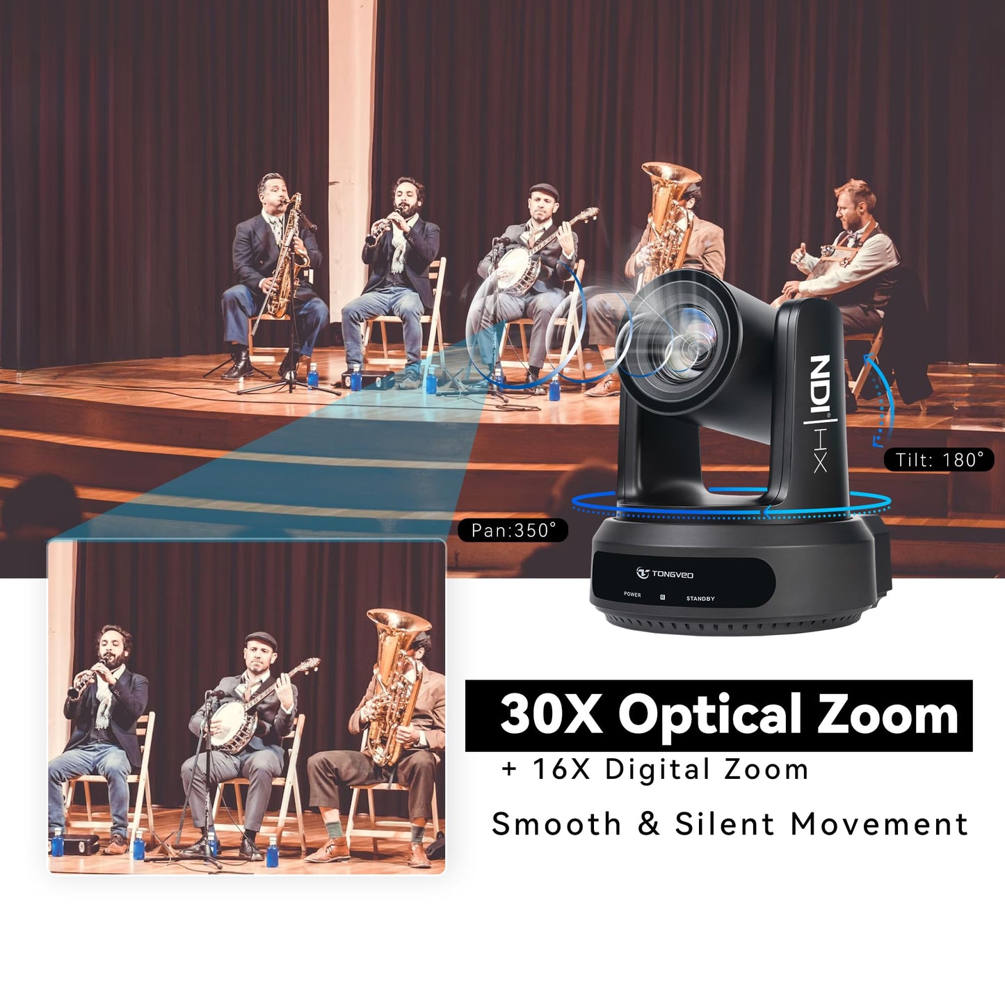 TONGVEO NDI AI Auto-Tracking IP PTZ Camera SDI/HDMI/USB3.0/LAN PoE 30X Optical + 16X Digital Zoom 1080P 60fps for Live Streaming Church Services Education Video Conference with OBS vMix and More