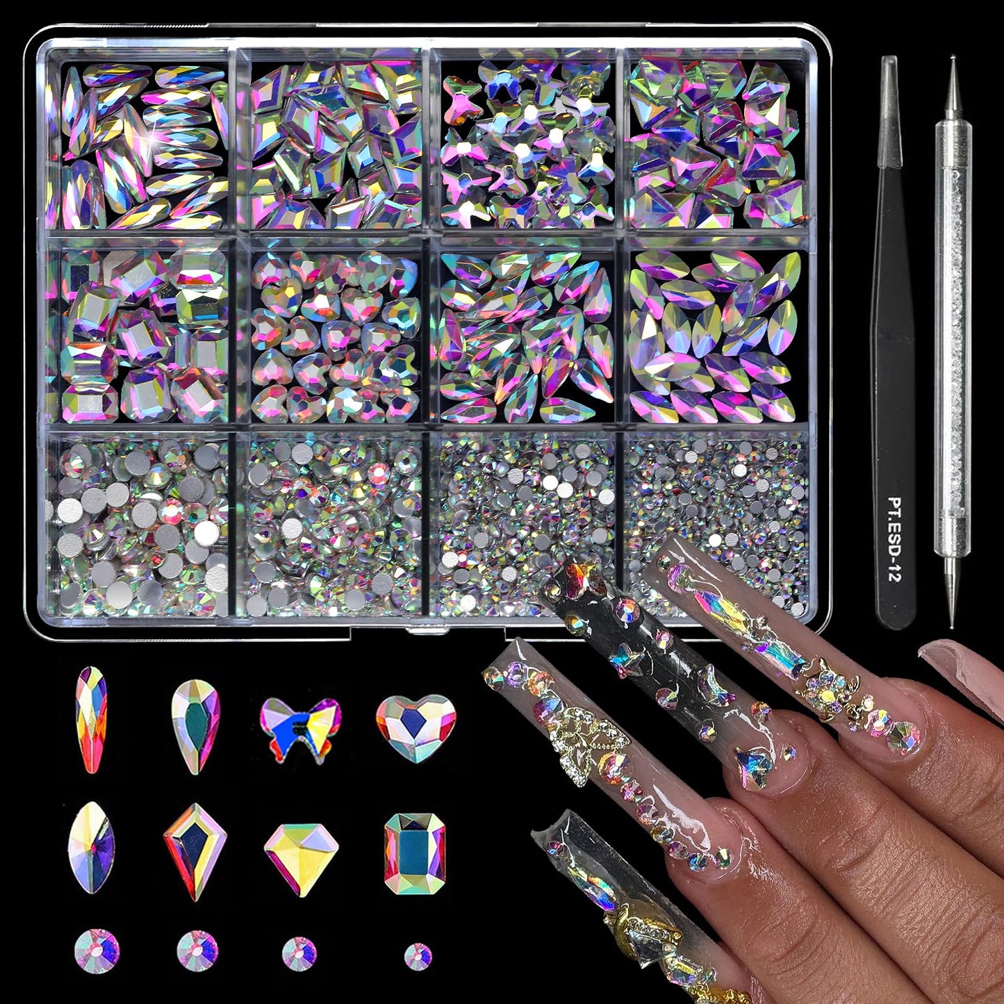 Cycullinyt 1660Pcs Crystal AB Nail Art Rhinestones: 8 Types of Multi Shapes Diamonds + 4 Sizes Flatback DIY Crafts Rhinestone Cr