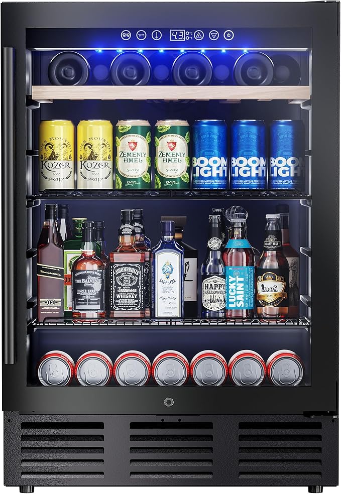 24 In Beverage Refrigerator, 112 Cans & 8 Bottles Wine Fridge with Double-Layer Glass Door, Built-In or Freestanding Wine and Beverage Refrigerator, Under Counter Fridge for Home/Bar/Cafe