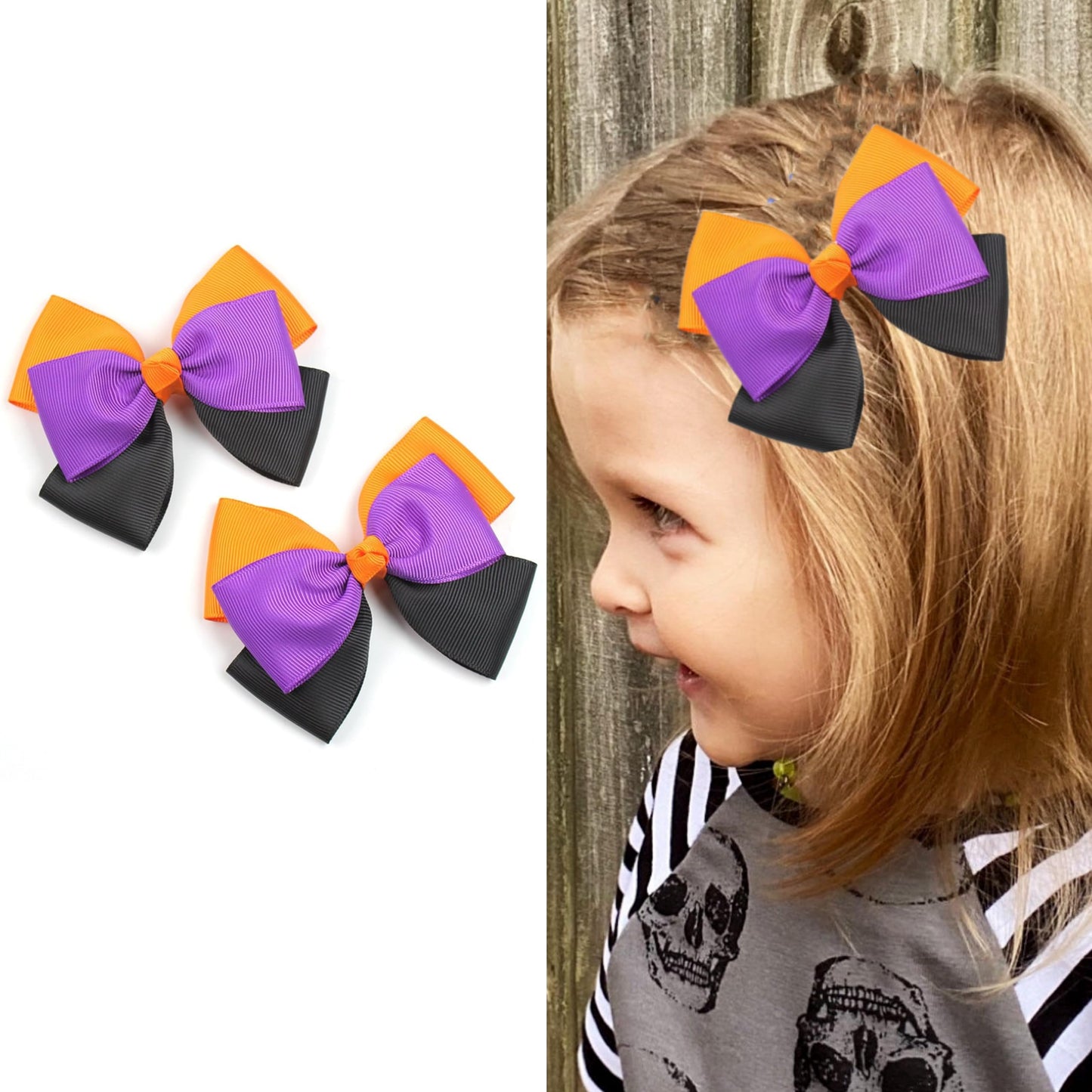 Halloween Hair Bow Clips 3.5 Inch for Toddler Teen Girls, Orange Black Purple Ribbon Bow Barrette Alligator Hair Pins, Women Kid