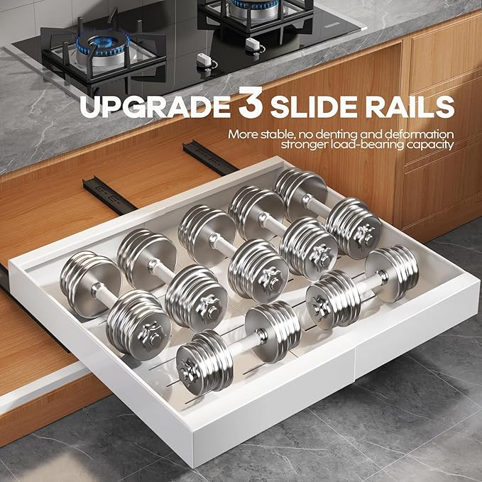 4 Pack Expandable (15.1"-26.3") Pull Out Cabinet Organizer 21" Deep With Raising Pad for Framed Cabinets,Upgrade 3 Slide Rails Slide Out Drawers,No Drill Roll Out Shelves Adhesive,White