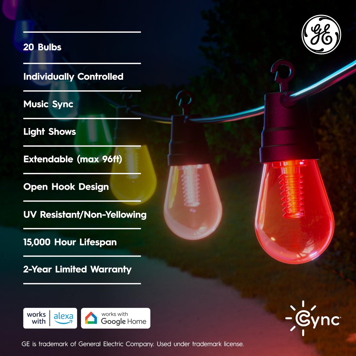 Cync GE Dynamic Effects Smart Cafe Lights, Color Changing Patio String Lights, Compatible with Alexa and Google, 48ft