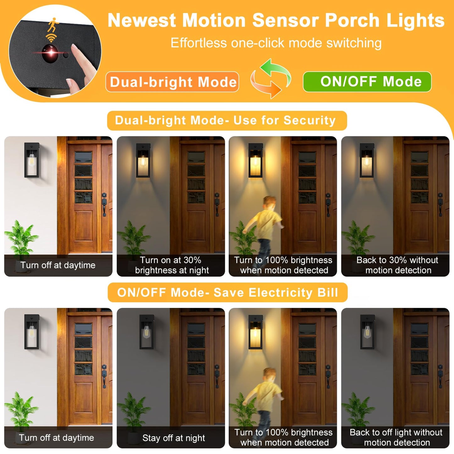 Oykyohei Porch Lights With Gfci Outlet  Dusk To Dawn Motion Sensor Outdoor Lights  2 Lighting Modes Waterproof Anti-Rust Wall Sconce Lantern  Outside Light For House  Black
