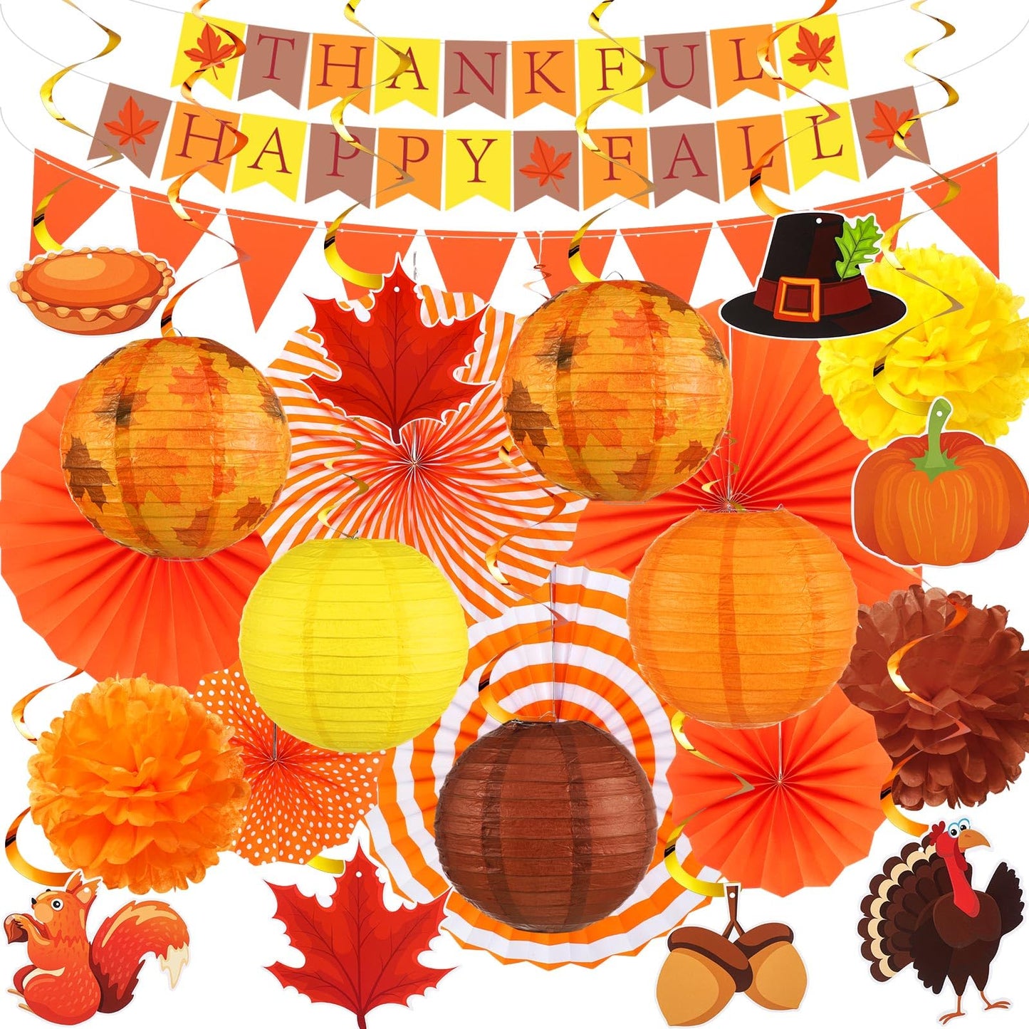Motiskyy 28 Pcs Thanksgiving Party Decoration Include Thankful Happy Fall Banner Autumn Paper Lanterns Pom Pom Hanging Fans Bunting Garland Swirl Streamers For Thanksgiving Harvest