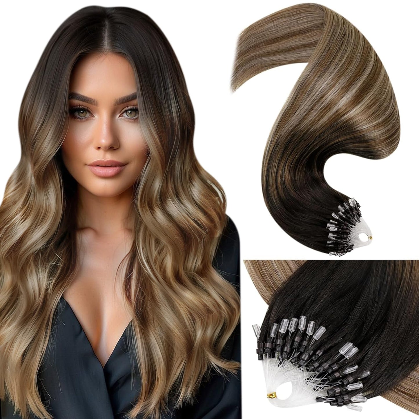 LaaVoo Microlink Hair Extensions Human Hair Balayage Brown Micro Loop Hair Extensions Real Human Hair Darkest Brown to Medium Br