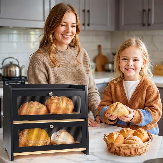 Bread Box For Kitchen Countertop, Black Breadbox, Bread Boxes for Kitchen Counter Organizer Decor Storage, Wooden Storage Box Breadbox, Housewarming Birthday Wedding Christmas Gift