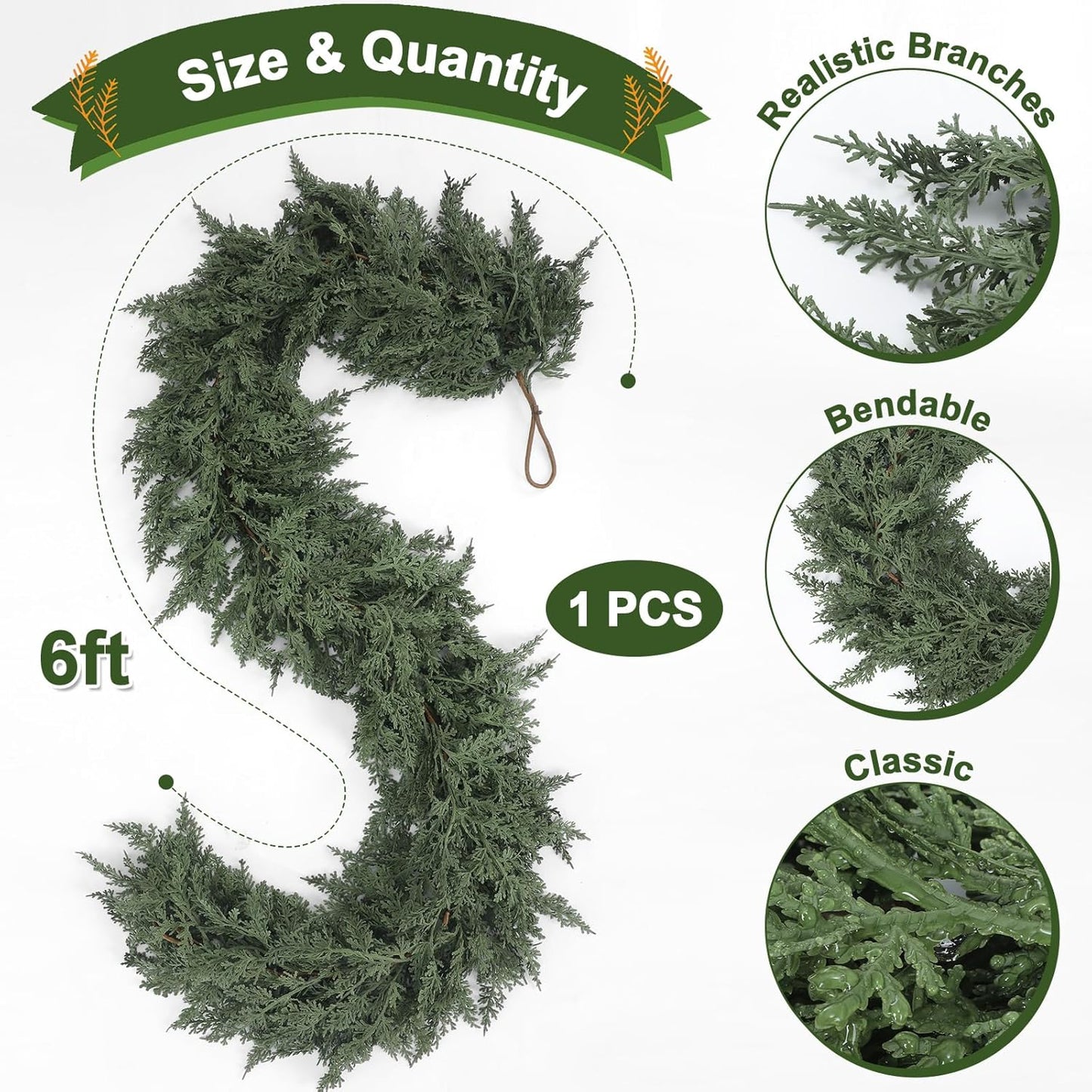 Jutom 1 PCS 6 ft Christmas Cedar Garland - Artificial Realistic Holiday Cedar Pine Needles Greenery Garland Decoration for Mantel Table Winter Party