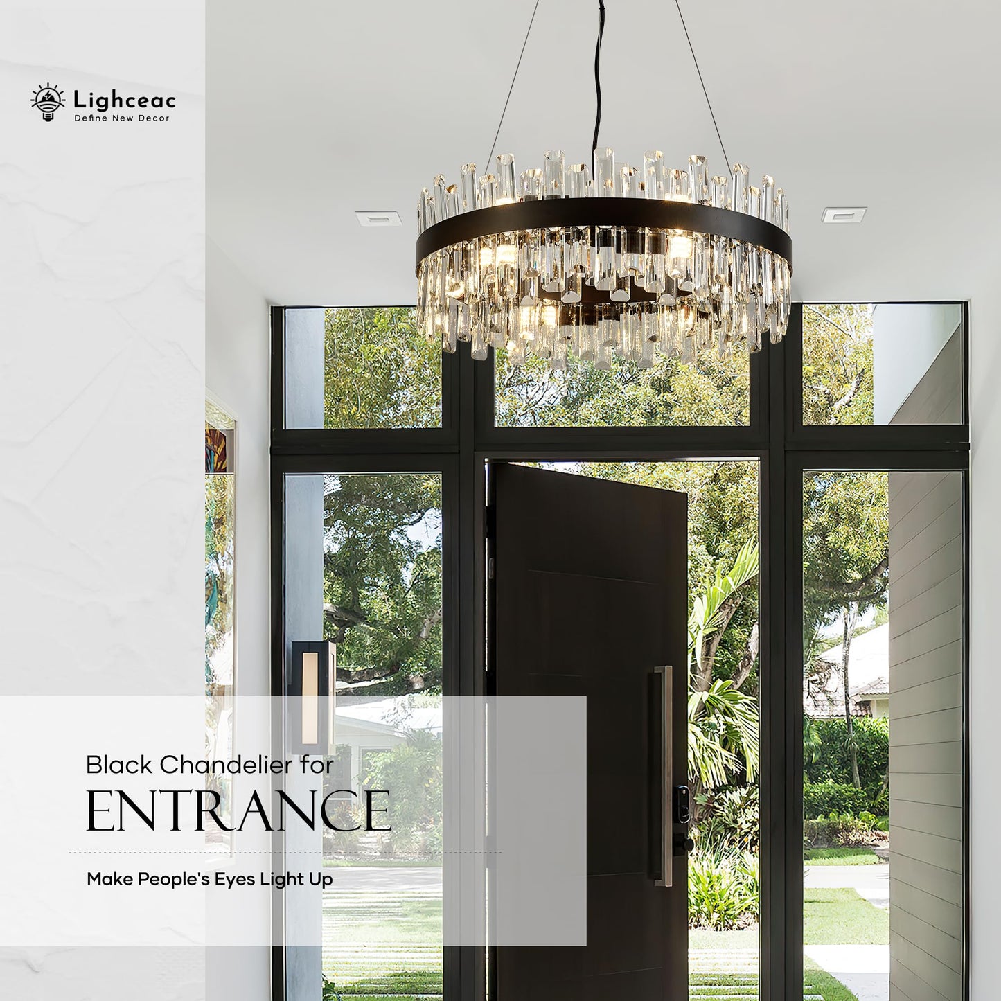 Lighceac 21.7 Black Modern Crystal Chandelier Light Fixtures stylish 2 Ring Crystal Chandeliers For Dining Room 12-Light Round Hanging Pendant Lighting For Living Room Kitchen Island Entryway Bedroom