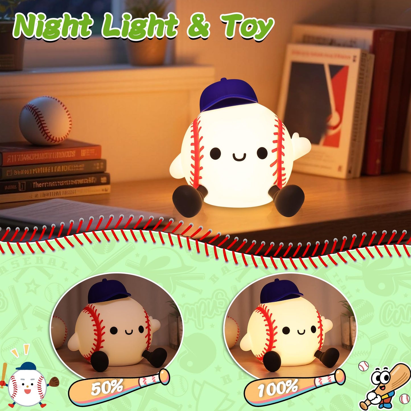 Okiyid Baseball Night Light  Dimmable Silicone Touch Lamp With Usb Rechargeable Soft Glow Bedside Lamp For Boys Bedroom Decor  Baseball Gifts For Boys Sport Fans Birthday Xmas