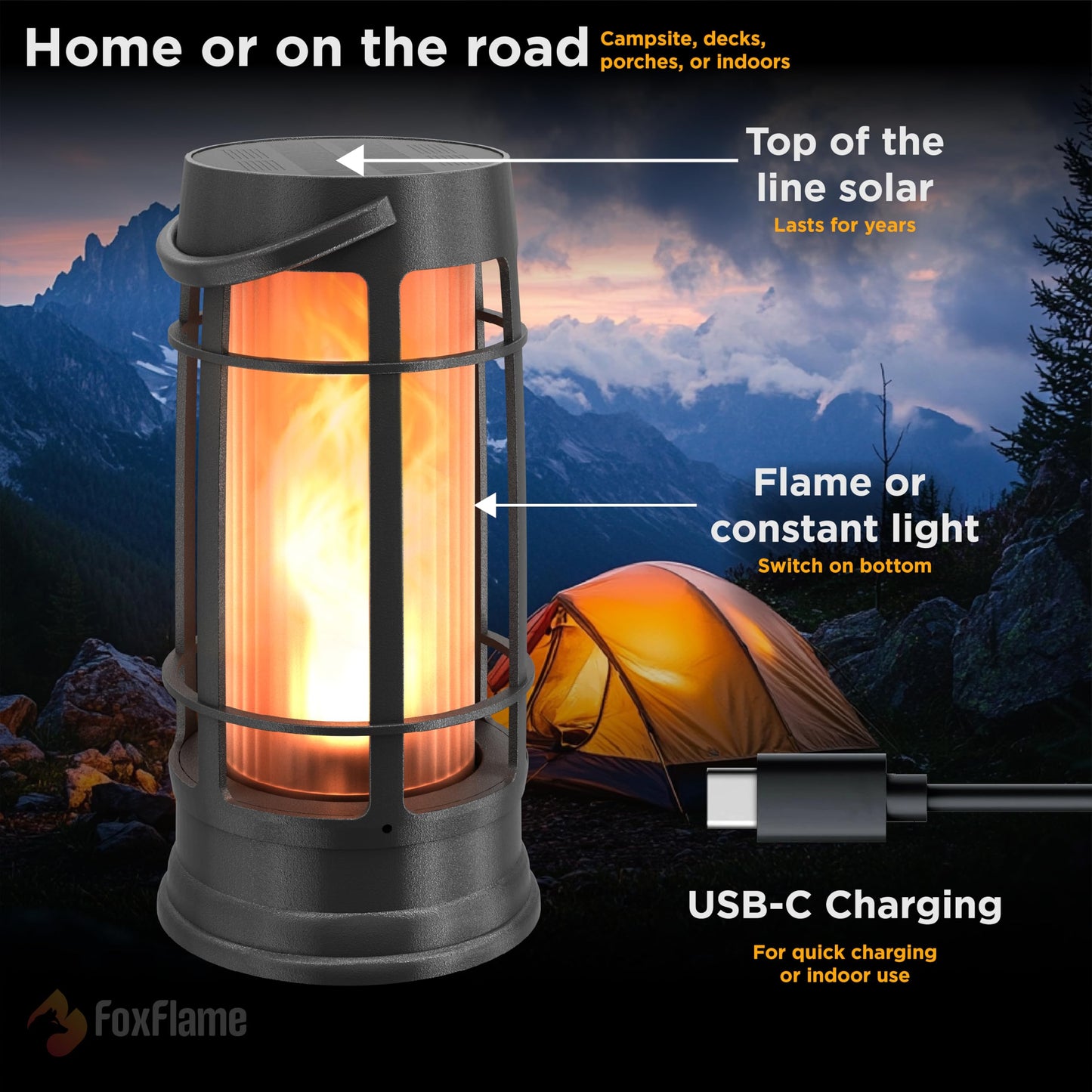 FOXFLAME Metal Outdoor Solar Lanterns, Waterproof Flickering LED, 4 Pack, Matte Black, Model FFMDL4