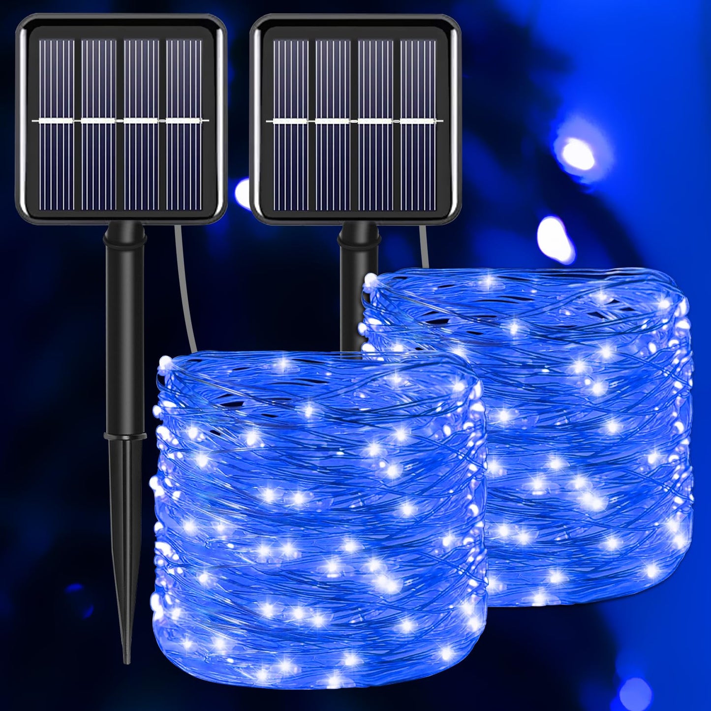 YAOZHOU Solar Christmas String Lights, 200 LED, 66Ft, 8 Modes, Waterproof, Blue, 2 Pack, Model YZ001