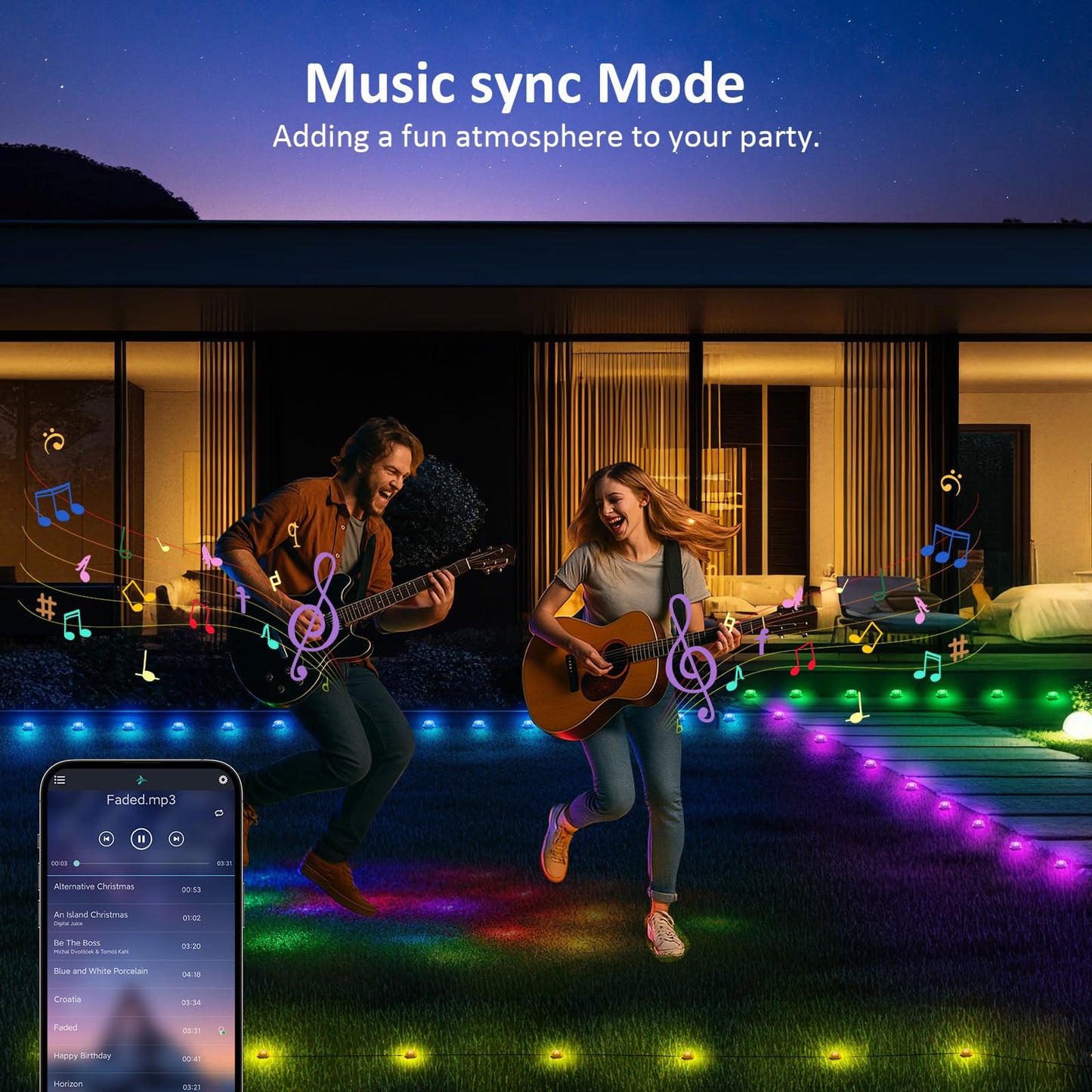 IVRICH Outdoor Ground Lights, 100FT Smart RGB, IP68 Waterproof, Music Sync, Remote & App Control, Black, Model 5050