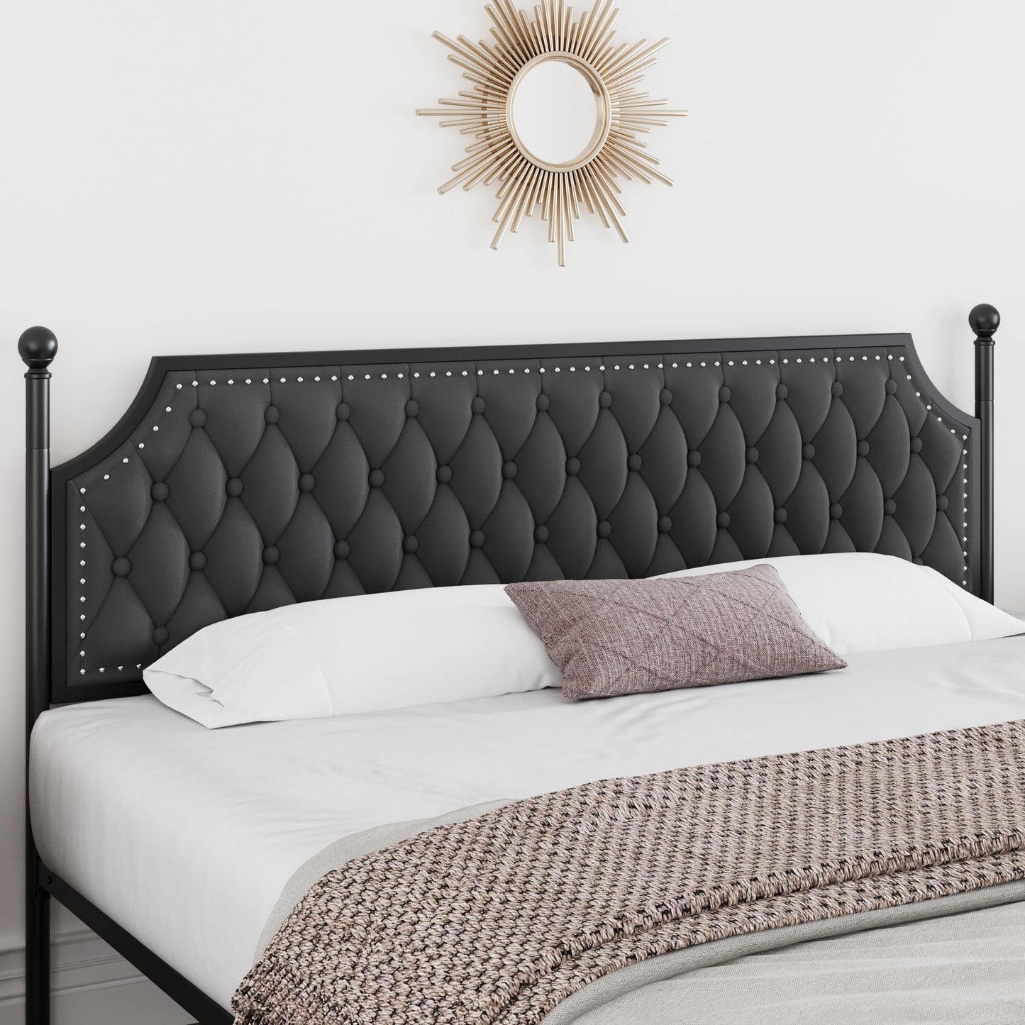 Keyluv Queen Upholstered Canopy Bed Frame with 2 Storage Drawers & Button Tufted Headboard, Metal Platform Bed with 4 Removable Posts, Two-Purpose Velvet Bed, Dark Grey/Curtain Not Included