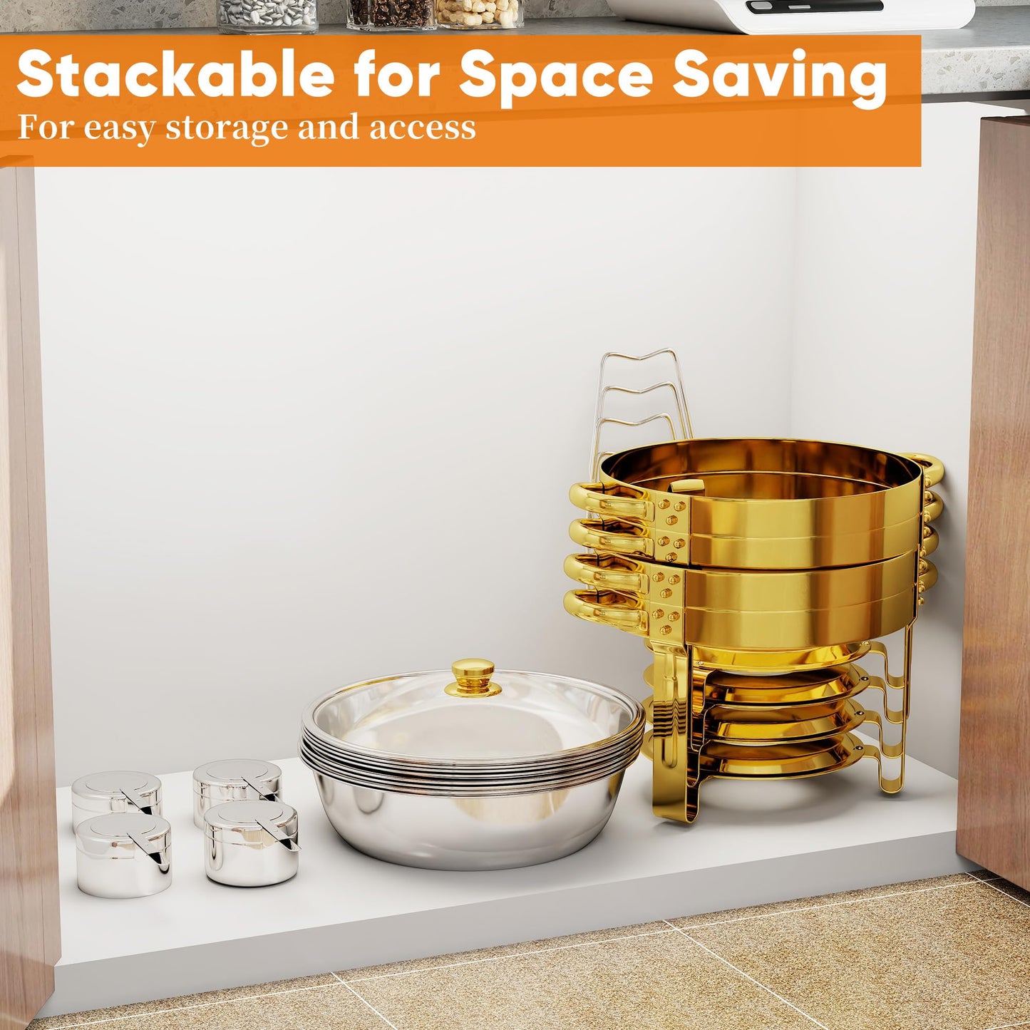 4 Pack Gold Round Chafing Dishes for Buffet, 5 QT Food Warmers and Cold Food Server for Parties, Events Hosting, Family Gatherings, Full Set Catering Supplies with Serving Utensils Accessories