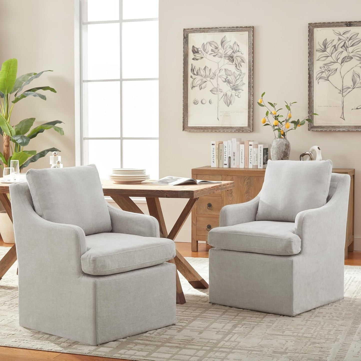 VKNOW Upholstered Dining Chairs, Modern Kitchen Chairs Dinner Chairs with 4 Casters, Linen Armchair for Bedroom Reading Room Living Room, Light Grey