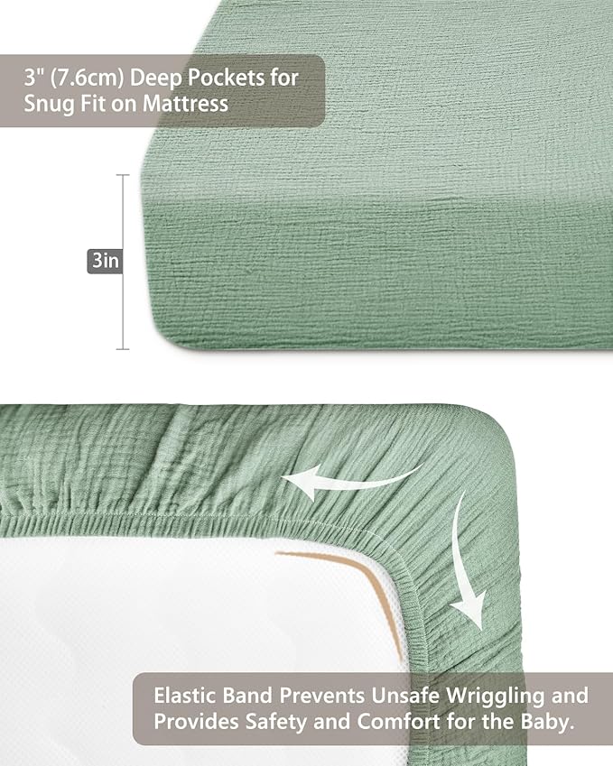 Pack and Play Sheets for Baby Boys and Girls 39"x27"x3", Neutral Muslin Cotton Pack N Play Mattresses Sheet with Boho Style, Soft and Breathable Comfort (Sage)
