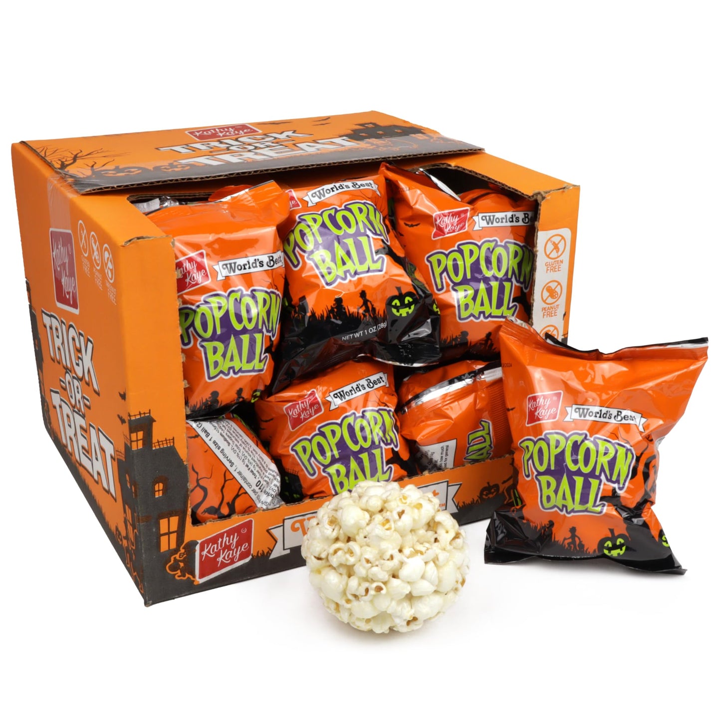 Kathy Kaye Halloween Popcorn Balls - Crunchy Sweet Treats for Trick-or-Treaters & Parties - Individually Wrapped 1 oz Snacks - G