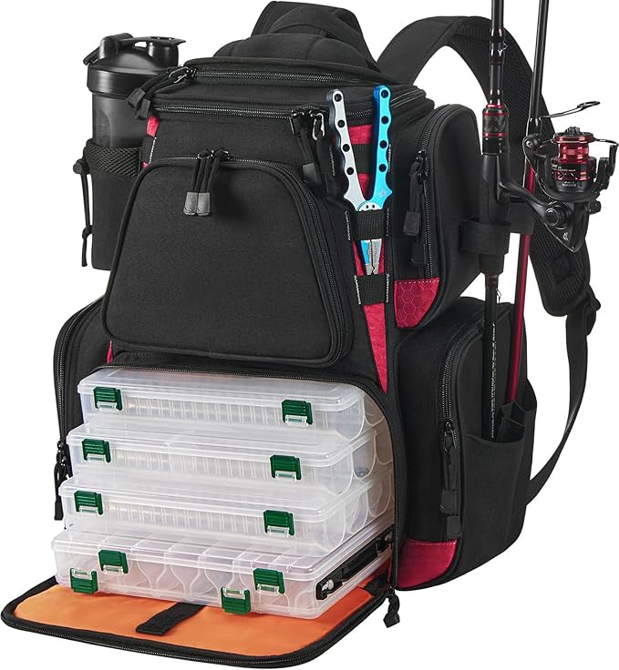 Piscifun Fishing Tackle Backpack with 4 Trays, Large Outdoor Storage Tackle Bag with Protective Rain Cover for Fishing Gear