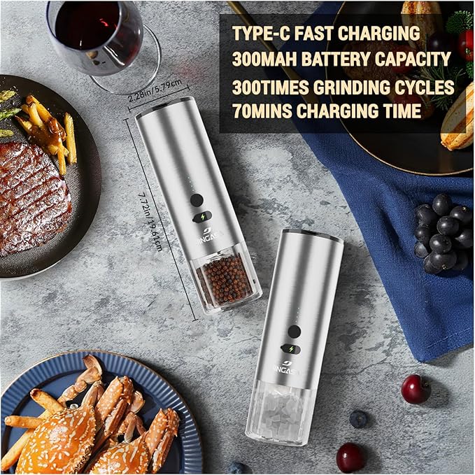 [Upgraded Larger Capacity]Electric Salt and Pepper Grinder Set, USB Rechargeable Automatic Salt and Pepper Shakers Sets with Visual Power Reminder, 4oz Large Capacity with Adjustable Coarseness