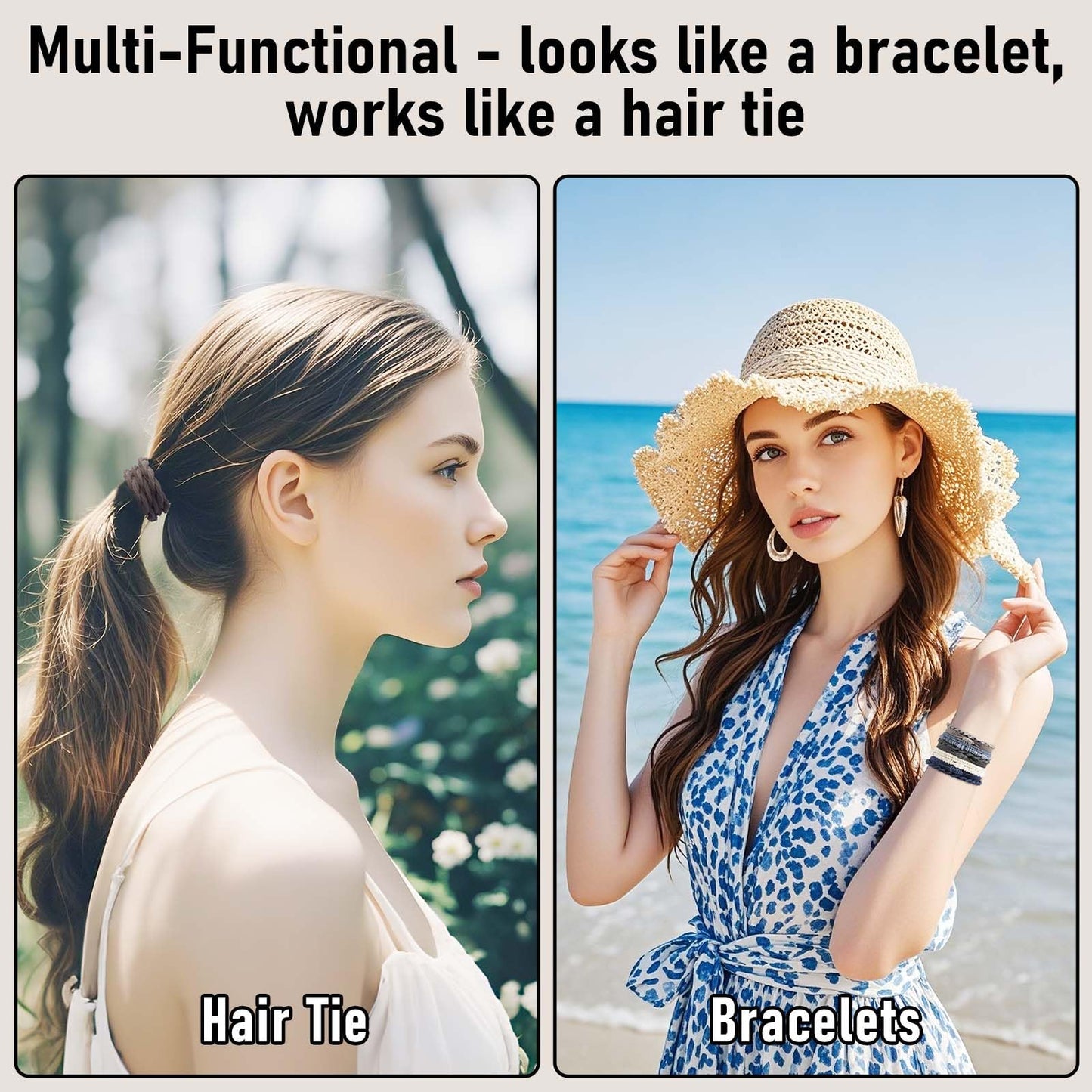 Wgniip 48 Pcs Boho Hair Ties for Women, 4 Styles Cute Hair Tie Bracelet for Thin and Thick Hair/Pony Tails, Green and Brown Hair