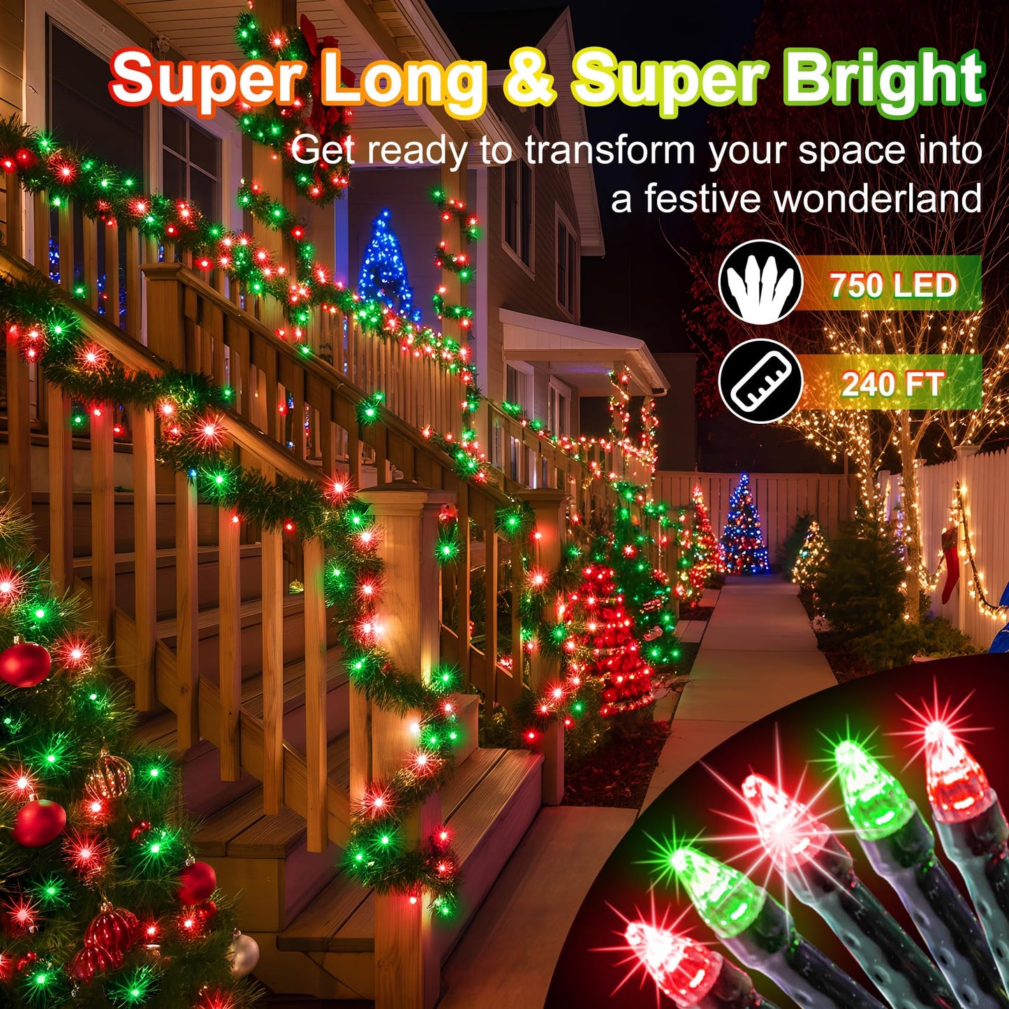 750 Led 240Ft Christmas String Lights Outdoor  12 Pro Modes And Timer Memory & Brightness  Plug In Waterproof Dark Green Wire Twinkle Light For For Xmas Yard Tree Wedding Party Decor (Red & Green)