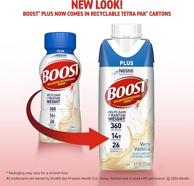 BOOST Plus Nutritional Drink, Very Vanilla, 8 fl oz (Pack of 24)