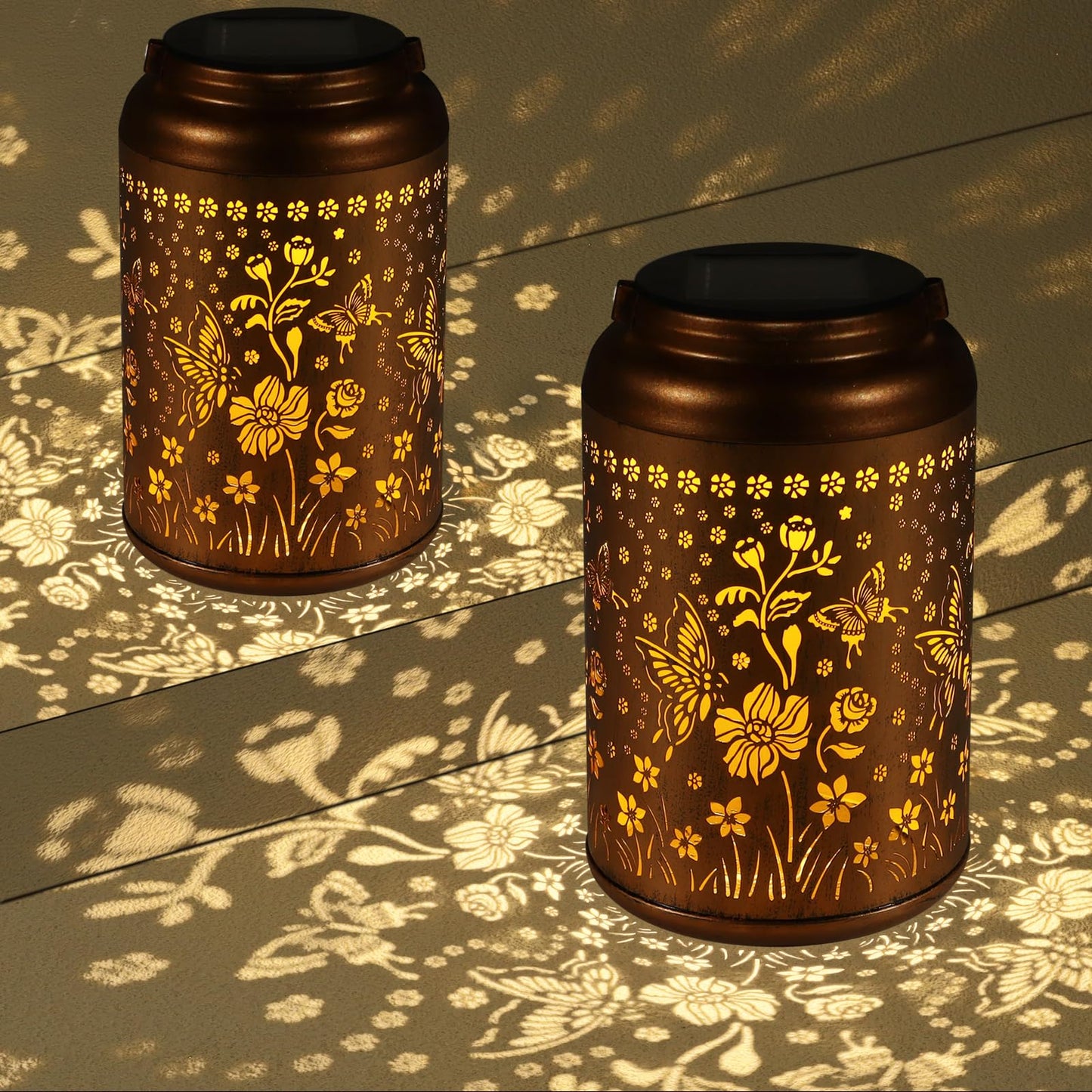 2 Pack Solar Lanterns Outdoor Waterproof  Butterflies Garden Decor Gifts For Women Mom Grandma Hanging Solar Lights Metal Decoration Outside For Yard  Patio