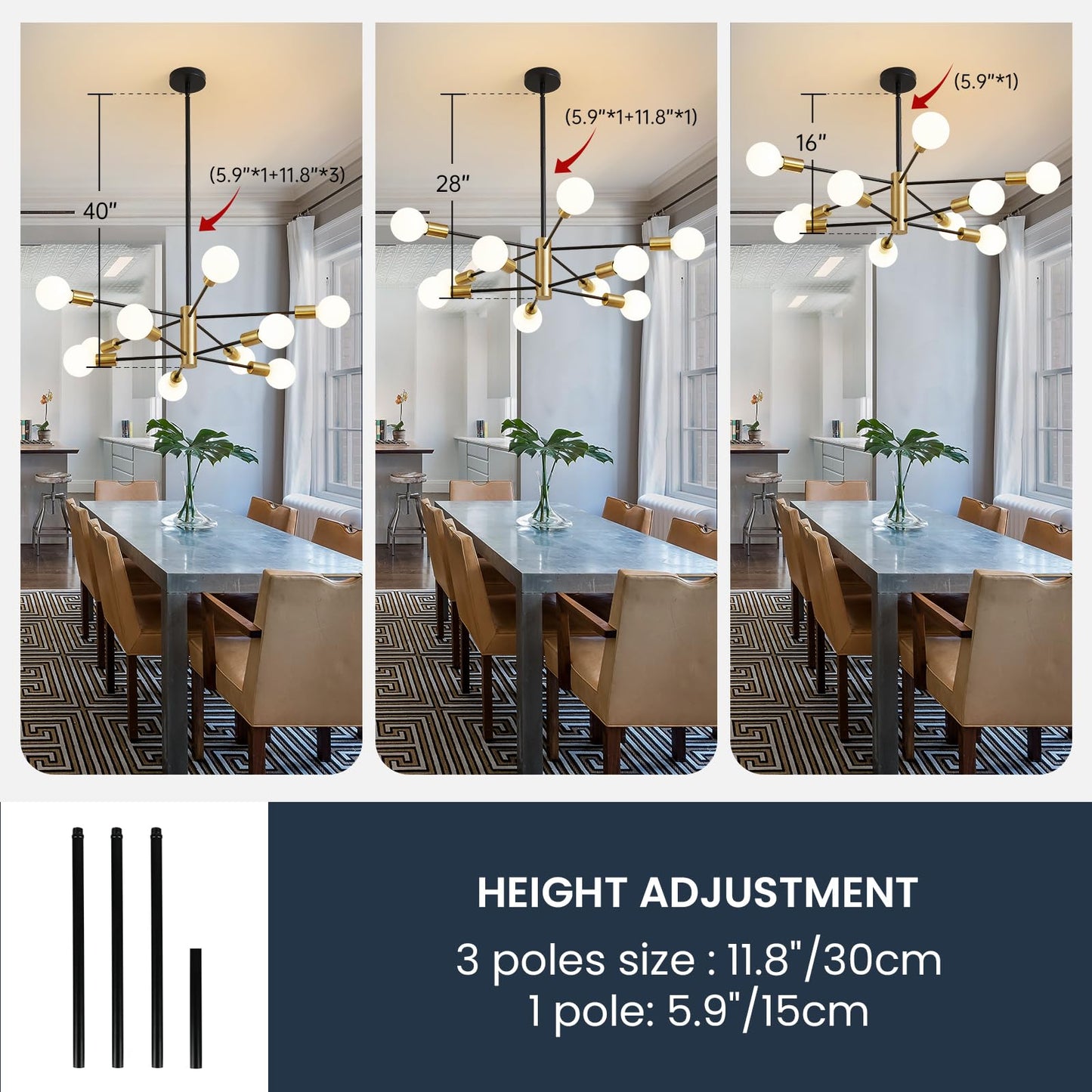 Ruiyey 10-Light Sputnik Chandelier, Modern Black And Gold Metal Ceiling Light Fixture For Kitchen Island, Living Room, Dining Room