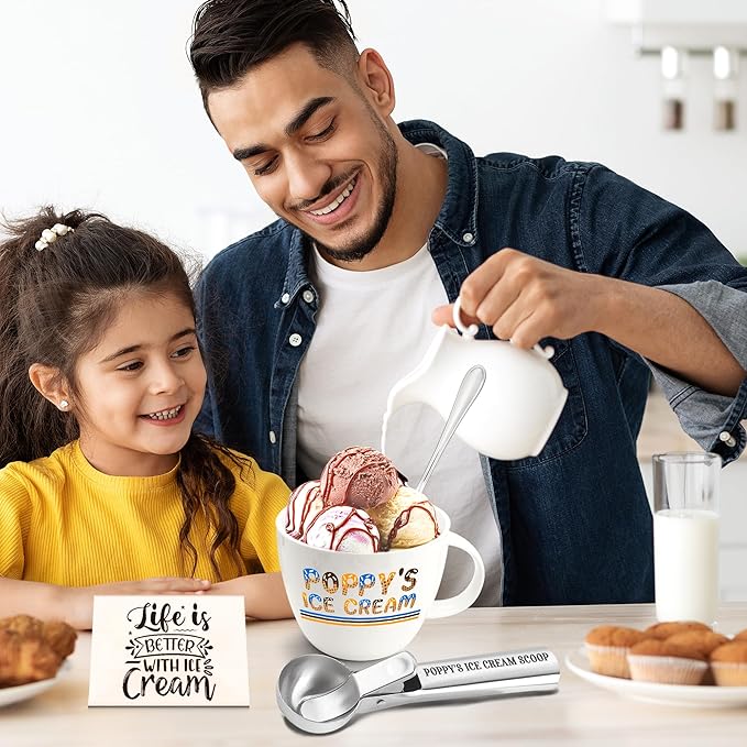 Christmas Poppy Gifts, Poppy's Gift Ice Cream Bowl Scoop Shovel Spoon Set, Grandpa Ice Cream Gift from Grandkids, Ideal Xmas Birthday Father's Day Man Gifts
