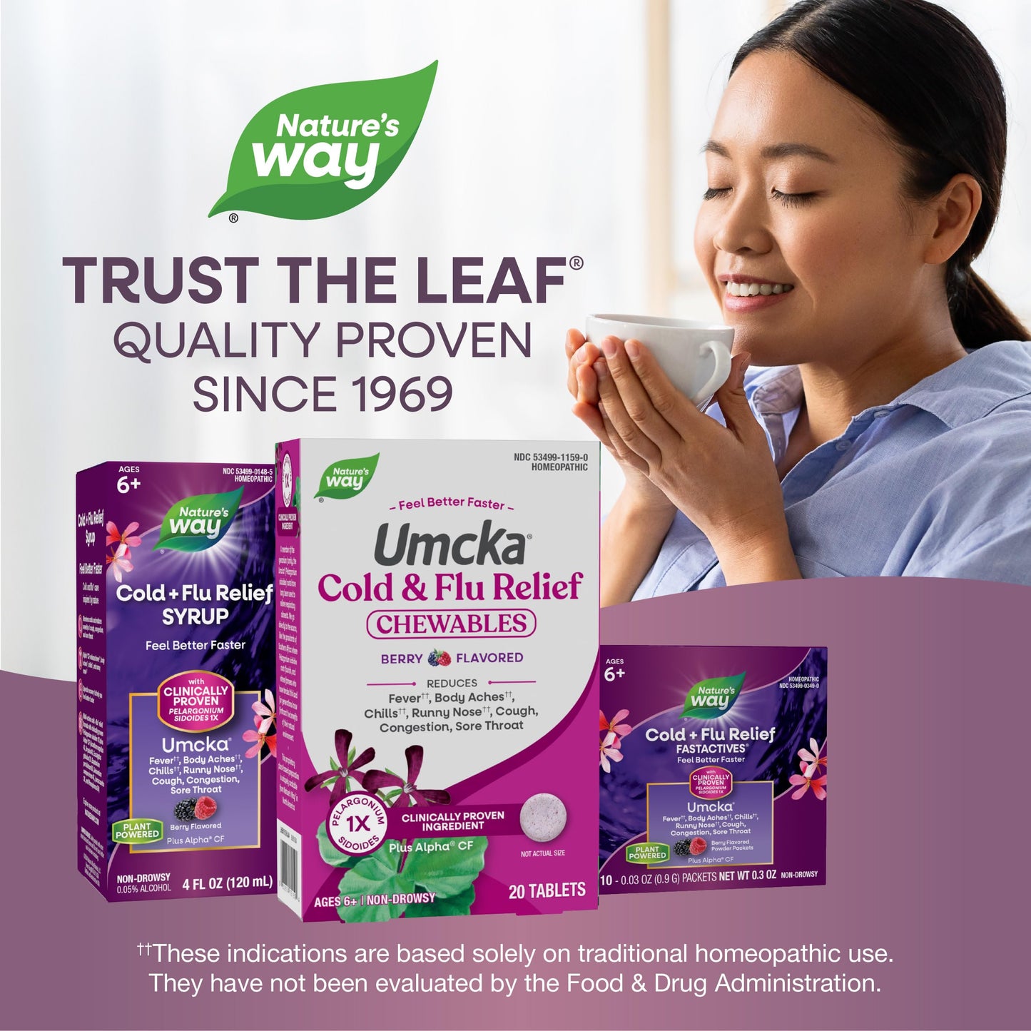 Nature's Way Cold+Flu Relief, Umcka, Shortens Duration and Reduces Severity, Multi-Symptom Relief, Homeopathic, Phenylephrine Free, Non-Drowsy, Berry Flavored, 20 Chewable Tablets (Packaging May Vary)
